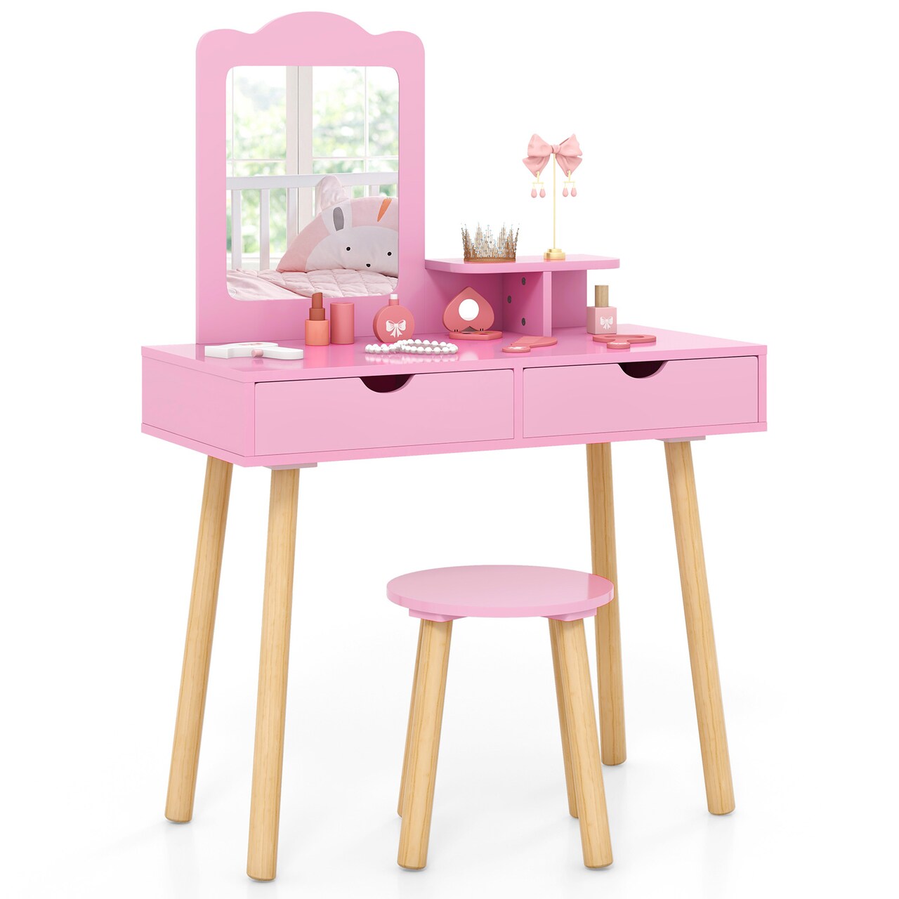 Pink Wooden Kids Vanity Table with Detachable Mirror and Storage Drawers Sturdy Stool Included